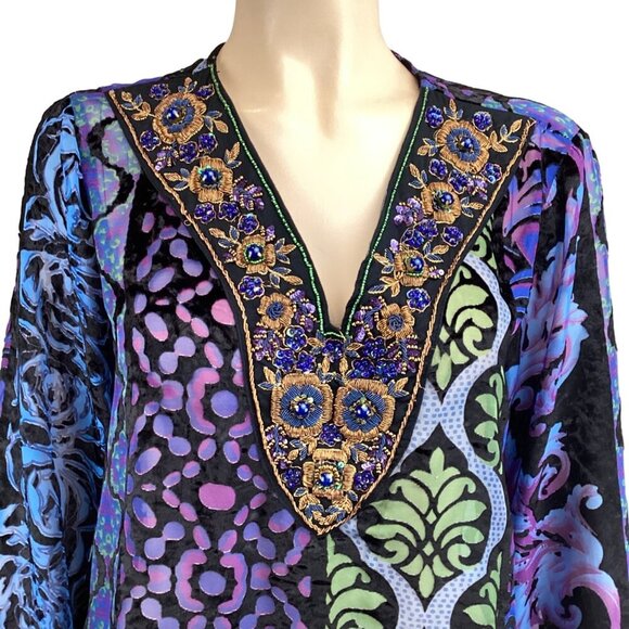 Soft Surroundings Boho Tunic Top Size Large Beaded Sequin V-Neck Velvet Burnout - Picture 6 of 9
